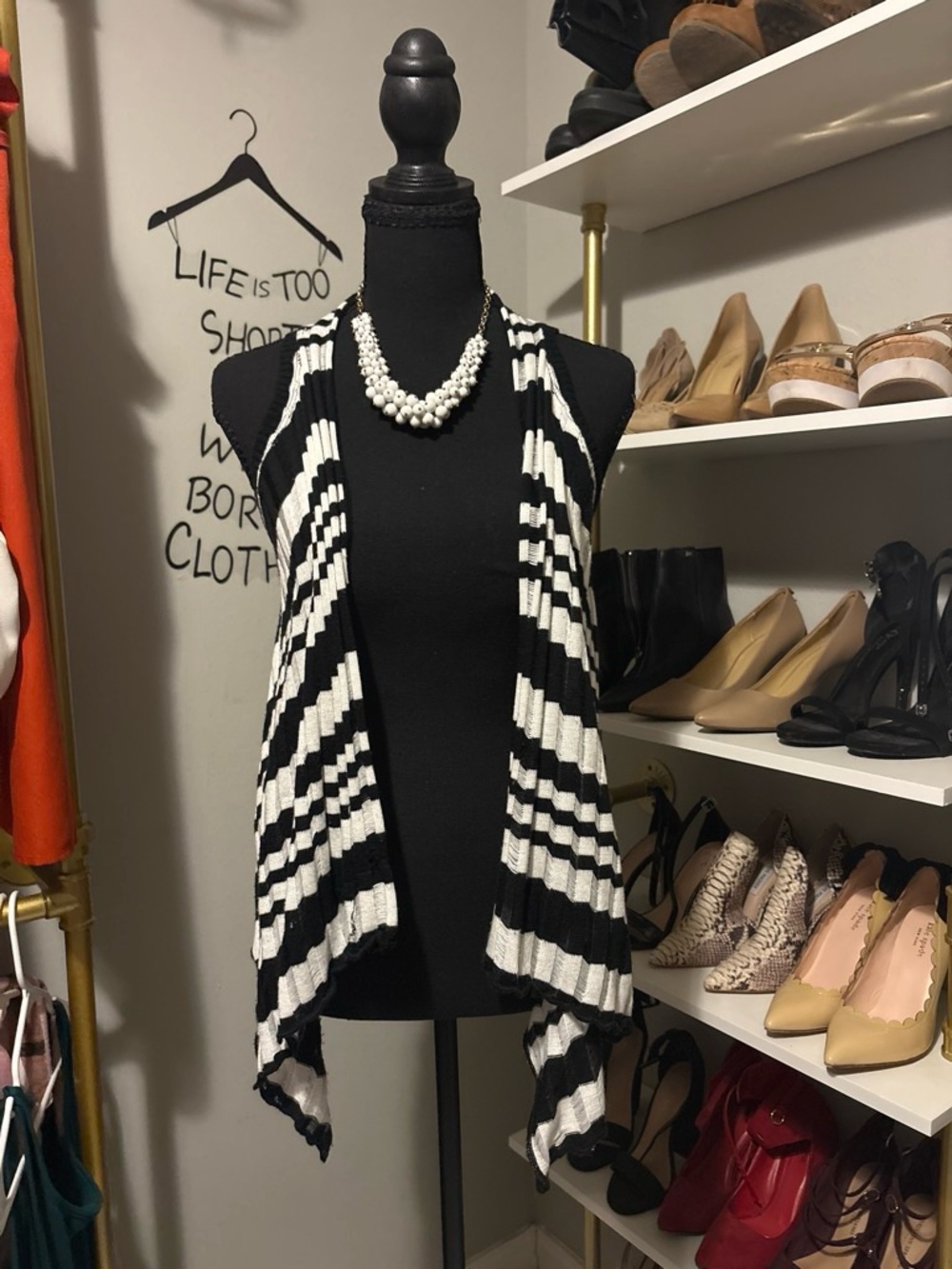 Rue21 Black and White Striped Open-Front Sweater Vest
